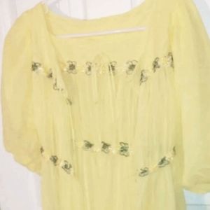 VTG  60s Yellow Nylon Peignoir Lingerie Set Robe Night Gown L Green Flower Band